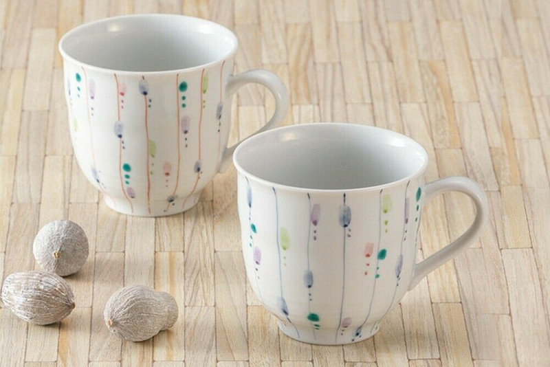 Pair Kutani yaki ware Mug Tea Coffee Cup set of 2 Colorful Tokusa Stripe