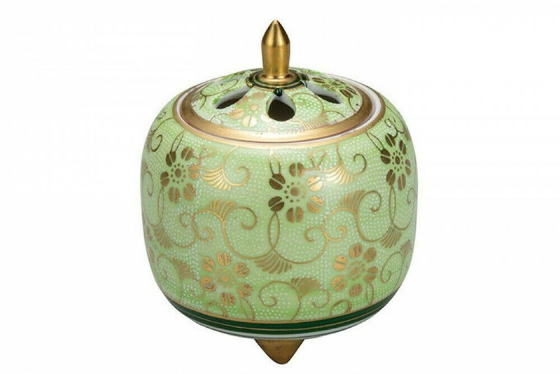 Kutani yaki porcelain Japanese Incense Pot Burner Koro Shirochibu Tessen Green