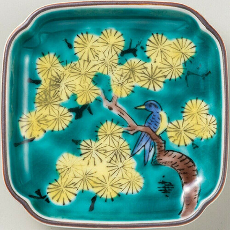 Mamezara Kutani yaki ware Small plate Sauce dish Yoshida-ya Pine Bird Japan