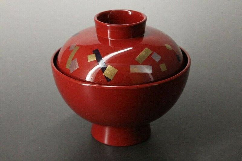 Owan Japanese soup bowl Echizen Lacquerware Lid Red Chigiri Shikishi