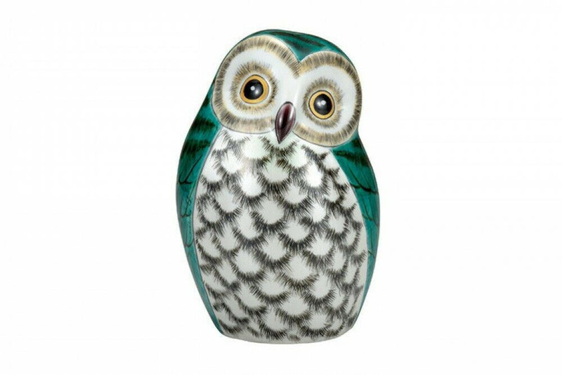 Fukuro Kutani yaki porcelain Japanese Owl Ornaments Ryokuyusai Green Glaze 6'