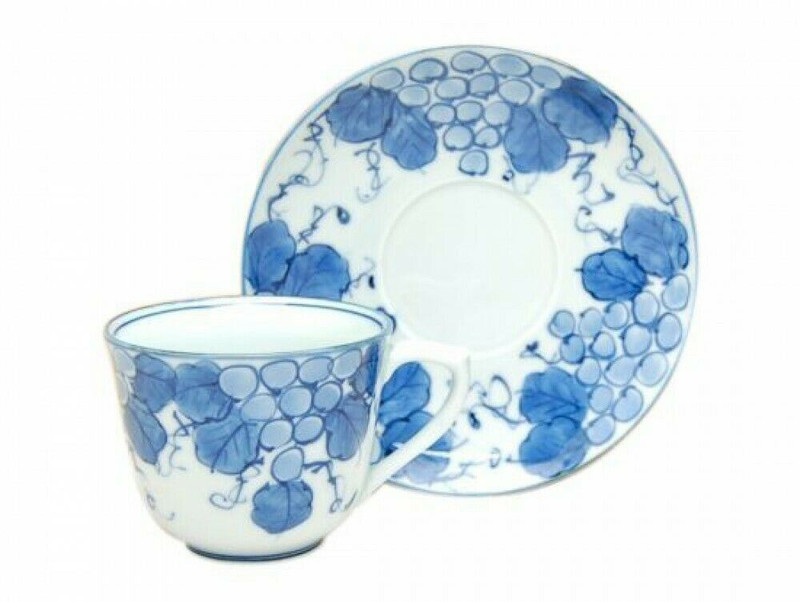 Arita yaki ware Japanese Coffee Cup and Saucer Blue Hana Grape pattern Handcraft