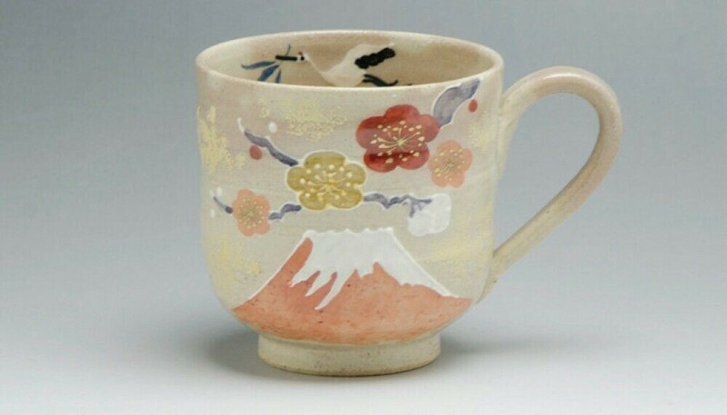 Kyo Kiyomizu yaki ware Japanese Mug Tea Coffee cup Iwai Fuji Red Japan