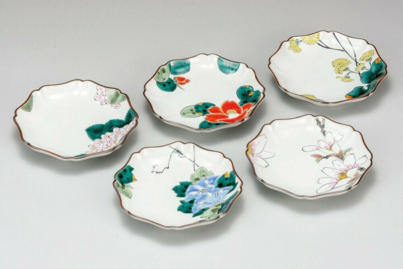 Kutani yaki ware Japanese Plate Dish set of 5 5 Style flower pattern 5.2'16cm