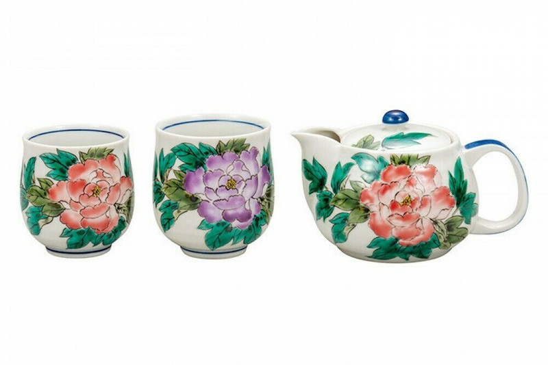 Yunomi Kyusu set Kutani yaki Japanese Tea Pot Cup set of 3 Sawada Ikumi Botan