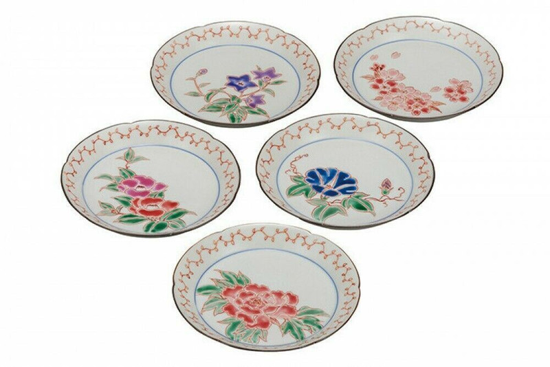 Kutani yaki ware Japanese Plate Dish set of 5 Flower 5 style Sawada Ikumi 5.2'