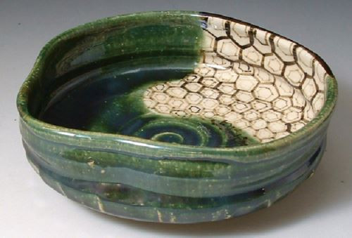 Hachi Kyo Kiyomizu yaki ware Japanese sarving bowl dish Oribe Green Glaze