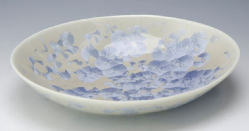 Kyo Kiyomizu yaki ware Japanese sarving bowl Oval M Crystal flower Silver blue