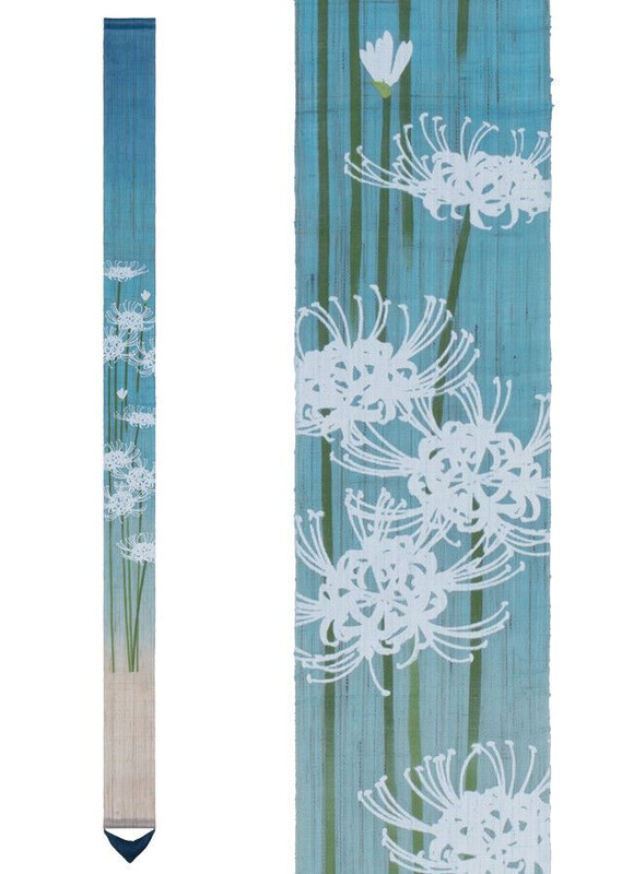 Kyoto Tapestry Wall Hanging Handpainted Linen White spider lily Summer Blue