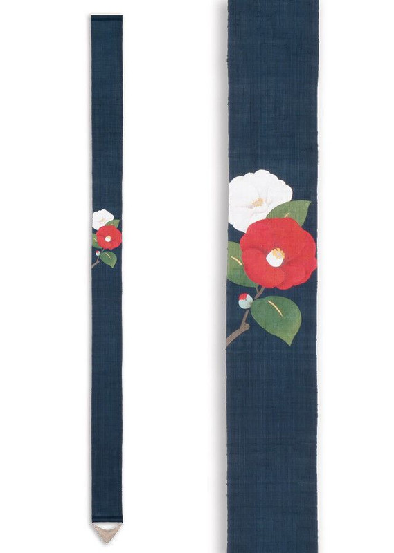 Kyoto Tapestry Wall Hanging Handpainted Linen Red White Camellia Tsubaki Winter