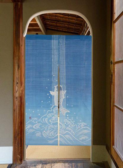 Kyoto Noren Hanging Door Curtain Handpainted Linen Climbing a carp waterfall
