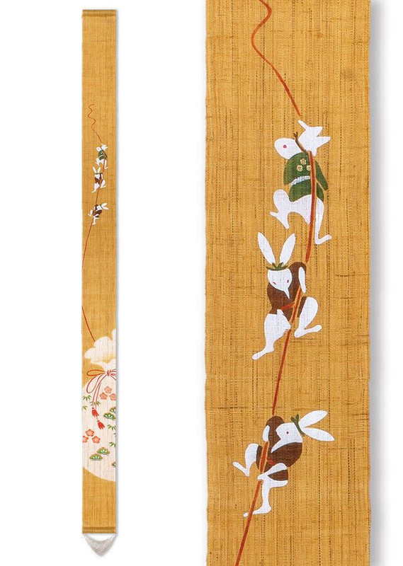 Kyoto Tapestry Wall Hanging Handpainted Linen Usagi Rabbits in treasure sacks