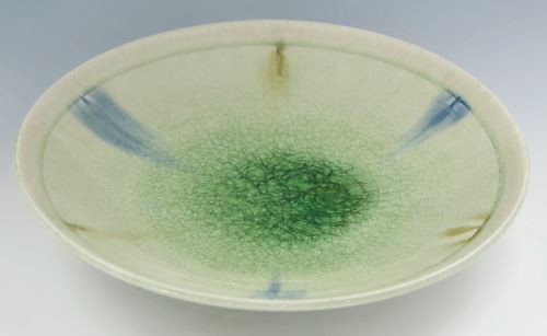 Kyoto Japanese Round plate Kyo Kiyomizu yaki ware Ash green glaze Japan