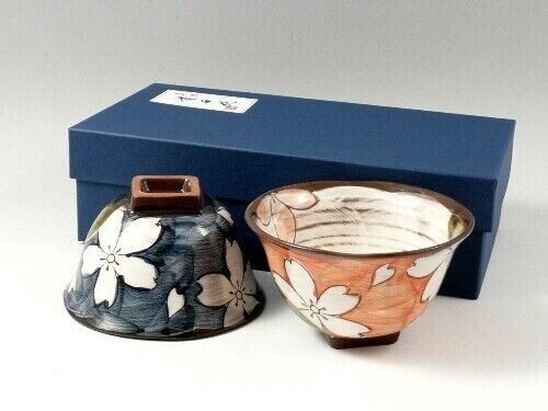 Pair Arita yaki porcelain Japanese Rice bowl Gohan Oribe Dami Sakura Blue Pink