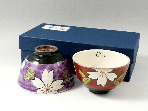 Pair Arita yaki porcelain Japanese Rice bowl Gohan Kohiki Iro-e Red Purple