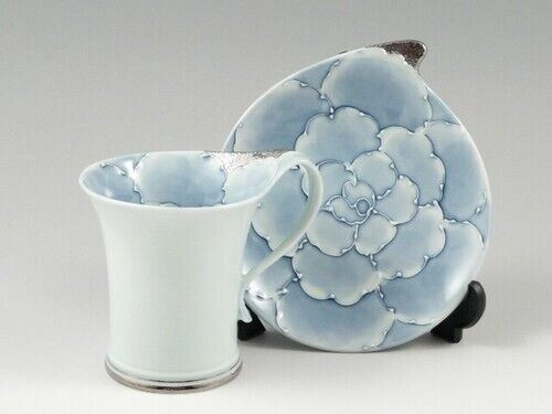 Arita yaki porcelain Japanese Coffee cup and saucer Platinum Botan Ruten shape