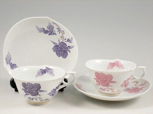 Pair Arita yaki porcelain Japanese Coffee cup saucer Icchin Purple Pink Rose