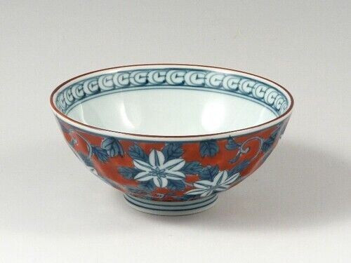 Arita yaki porcelain Japanese Rice Bowl Gohan Chawan Red Dami Clematis S