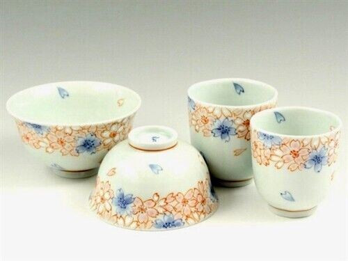 Arita yaki ware Rice bowl Tea cup Yunomi Chawan set Sometsuke Edge Cherry