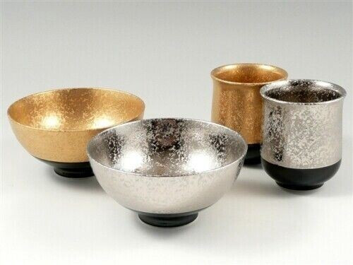 Arita yaki ware Japanese Rice bowl Tea cup Yunomi Chawan set Platinum Gold Black