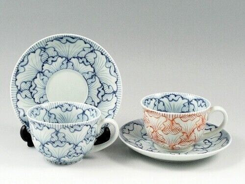 Pair Arita yaki porcelain Japanese Coffee cup and saucer Flower Petal handpaint