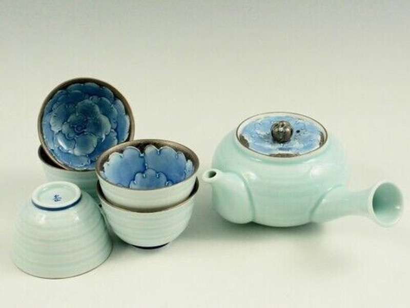 Arita yaki Porcelain Warp Sencha Yunomi Kyusu Tea Pot Cup Platinum Botan 6 set