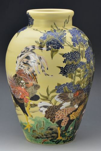 Kyo Kiyomizu yaki ware Japanese pottery flower pot Jakuchu Ito Ajisai Rooster