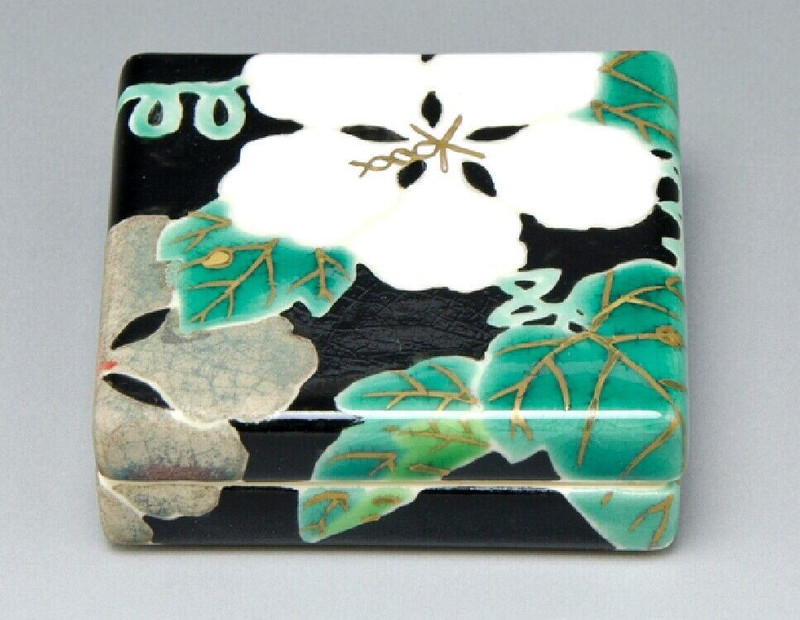 Kogo Japanese Sado Incense Case Kyo Kiyomizu yaki ware Moonflower Japan