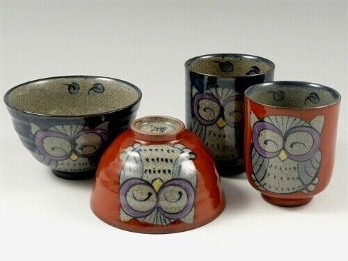 Arita yaki ware Rice bowl Tea cup Yunomi Chawan set Nishiki Fukuro Owl Blue Red