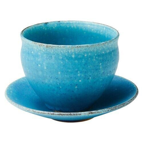 Shigaraki yaki ware Japanese Pottery Tea Cup Bowl Sauser Plate set Blue Glaze