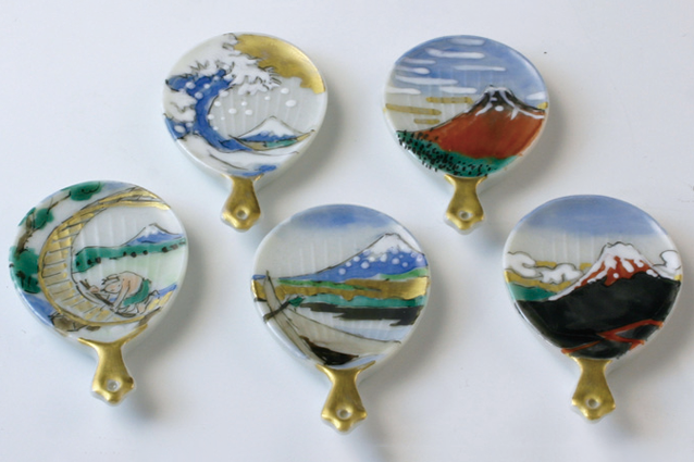 Kyo Kiyomizu yaki Hashioki Japanese chopstick rest Mt.Fuji Uchiwa fan set of 5