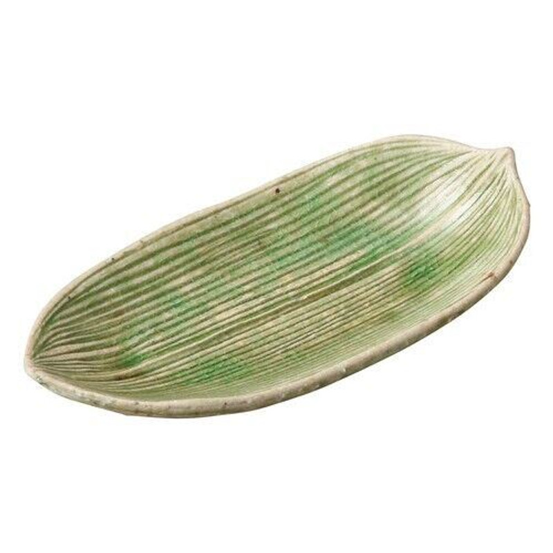 Shigaraki yaki Japanese pottery Small Long Plate Mamezara Green Bamboo Leaf