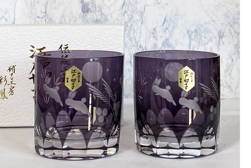 Pair Edo Kiriko Japanese Old whiskey Rock Sake glass Usaghi Rabbit Moon Japan