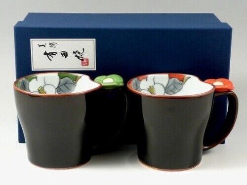 Pair Arita yaki ware Japanese Coffee Mug cup Hana-e Black Tenmoku Handpaint