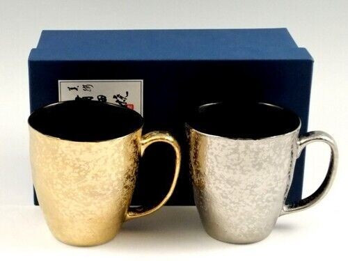 Pair Arita yaki ware Japanese Coffee Mug cup Gold Platinum Black Glaze Japan