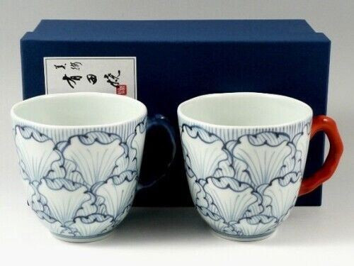 Pair Arita yaki ware Japanese Coffee Mug cup Flower petal pattern handpaint