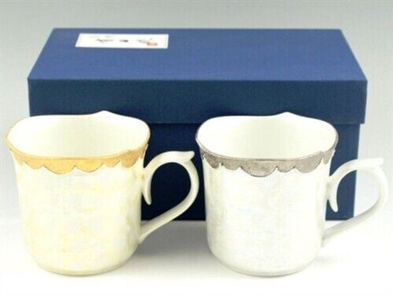 Pair Arita yaki ware Japanese Coffee Mug cup Gold Platinum Raster Rinka Japan
