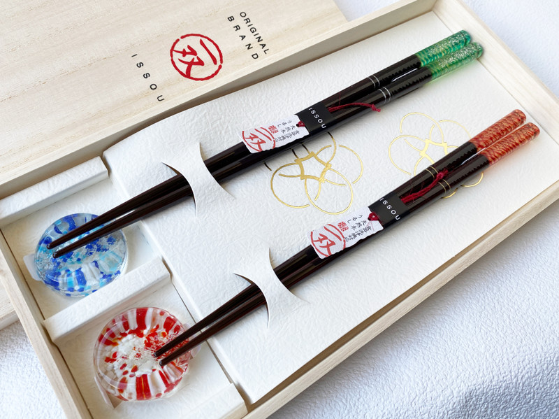 Wakasa nuri Japanese Lacquered Chopstick and Hashioki set Sea  Breeze Blue Red