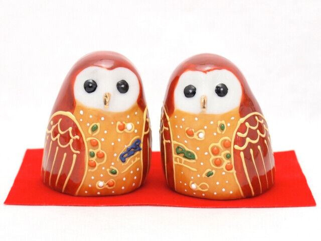 Pair Kutani yaki porcelain Fukuro Japanese Owl doll 2.0inch Red mori art