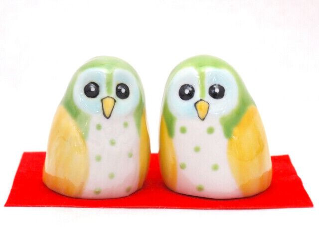 Pair Kutani yaki porcelain Fukuro Japanese Owl doll 2.0inch Yellow Green glaze