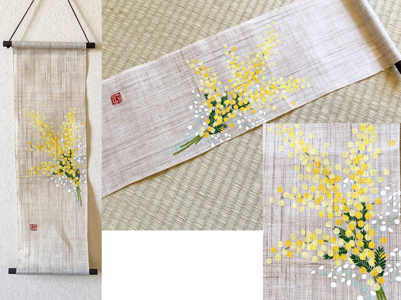 Kyoto Hangin scroll Kakejiku Tapestry Handpaint Mimosa flower Spring Yellow