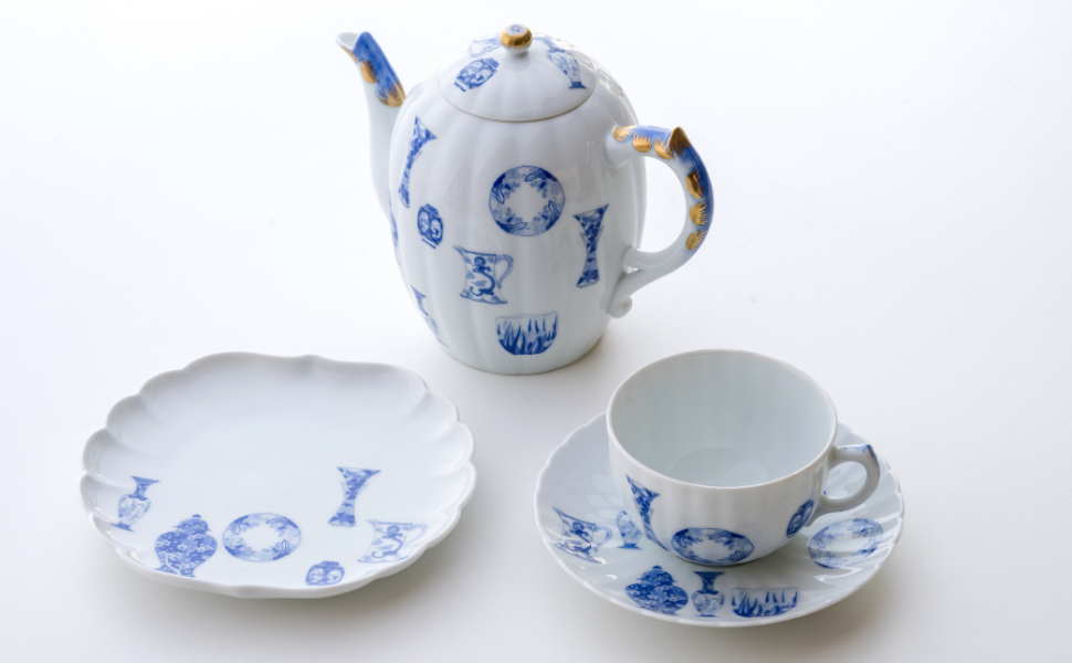 Contemporary Arita ware tea set with playful blue motifs on white porcelain
