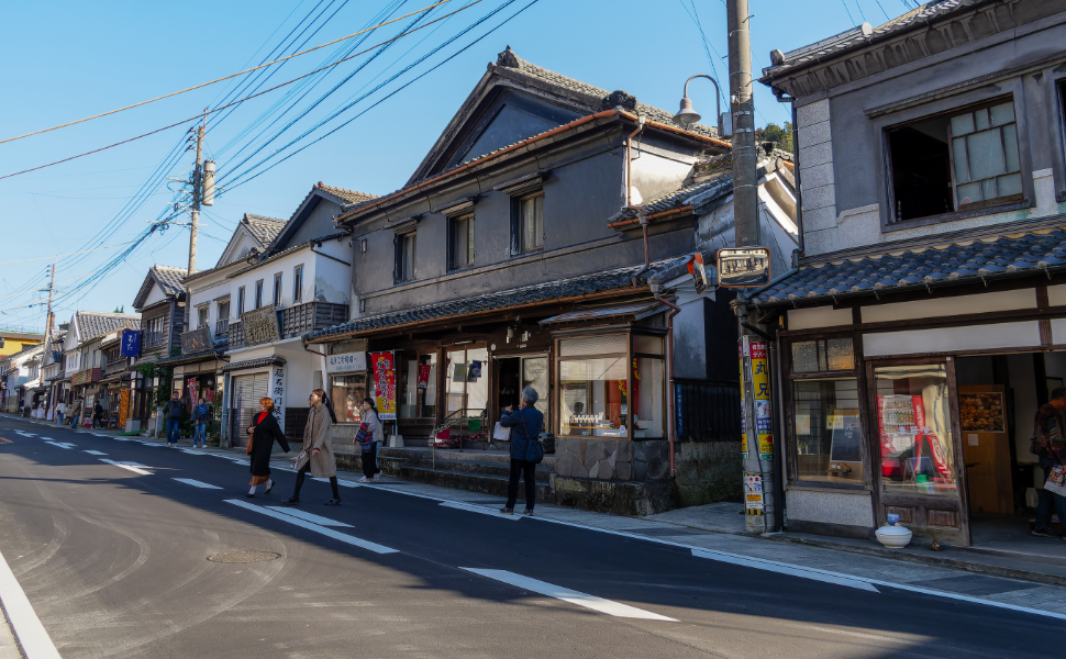 The historic main street of Arita town, Saga Prefecture, lined with ceramics shops