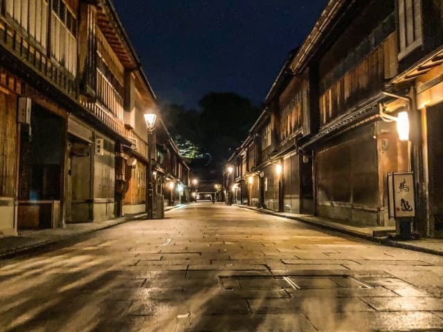 Kanazawa traditional townscape at night - historic streets where gold leaf craft lives on today