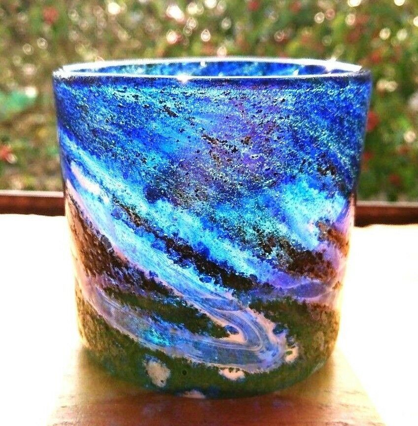 RUKU RUKU♪ シーグラスアート Japanese Ryukyu glass Beer rock tumbler Blue sea Genkichi Genga