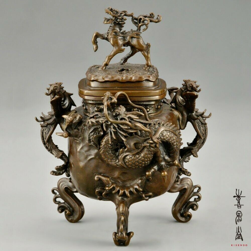 Koro Japanese Bronze Incense burner Takaoka Qilin Dragon motif