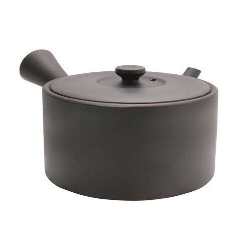 A black Tokoname ware side-handled kyusu teapot with a fine ceramic strainer