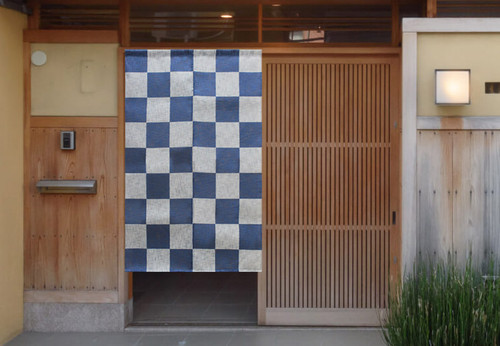 A Kyoto linen noren hand-dyed in natural indigo in an ichimatsu checked pattern