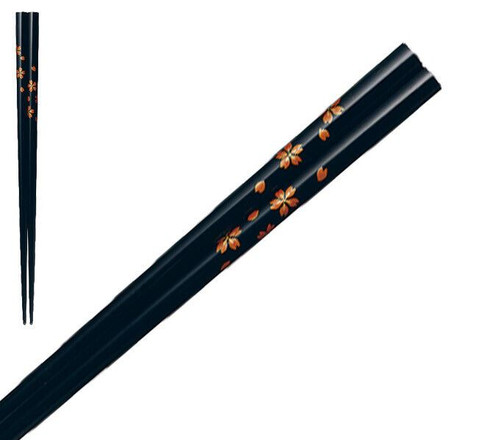 Wajima-nuri lacquered chopsticks with maki-e scattered cherry blossom design in gold on black