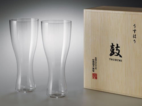 Shotoku Glass USUHARI Pilsner Beer Glass cup pair Set wooden box from Japan